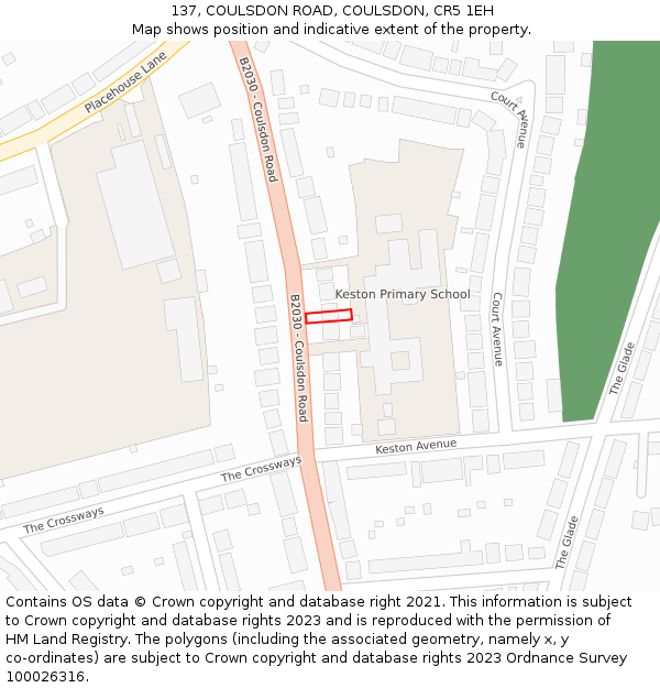 137, COULSDON ROAD, COULSDON, CR5 1EH: Location map and indicative extent of plot