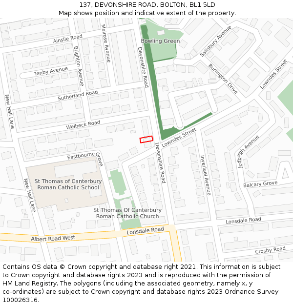 137, DEVONSHIRE ROAD, BOLTON, BL1 5LD: Location map and indicative extent of plot