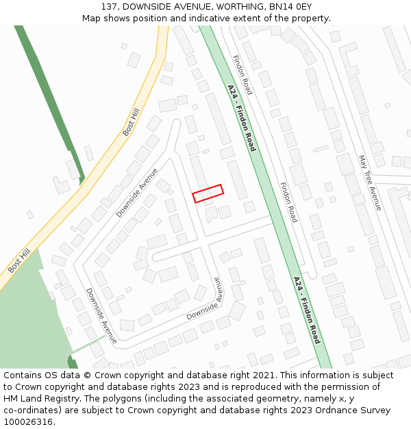 137, DOWNSIDE AVENUE, WORTHING, BN14 0EY: Location map and indicative extent of plot