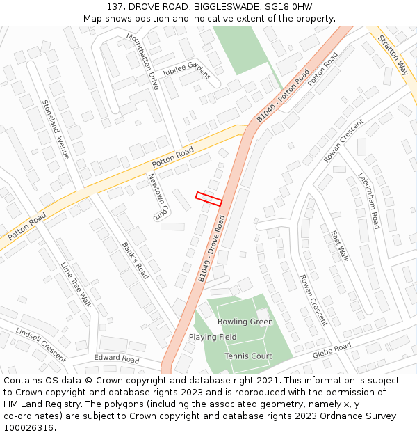 137, DROVE ROAD, BIGGLESWADE, SG18 0HW: Location map and indicative extent of plot