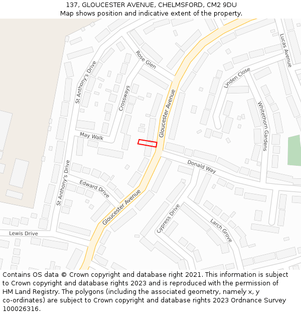 137, GLOUCESTER AVENUE, CHELMSFORD, CM2 9DU: Location map and indicative extent of plot