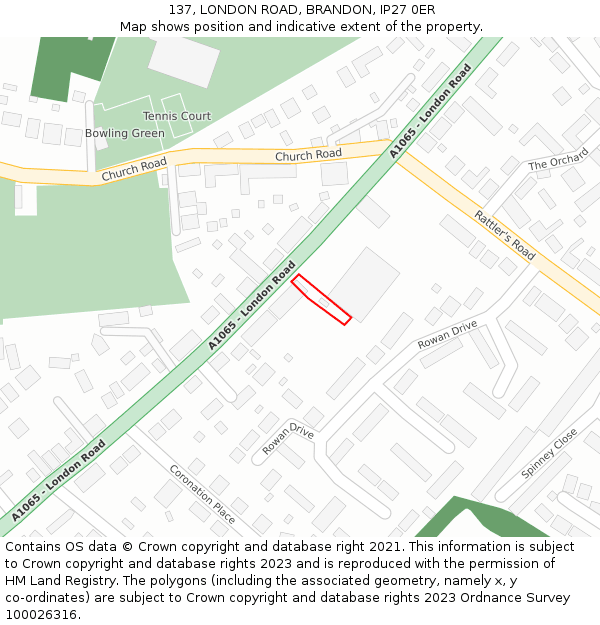137, LONDON ROAD, BRANDON, IP27 0ER: Location map and indicative extent of plot