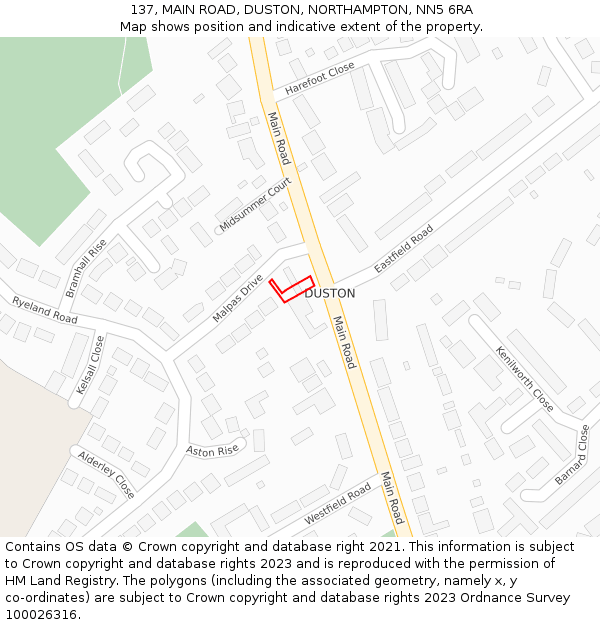 137, MAIN ROAD, DUSTON, NORTHAMPTON, NN5 6RA: Location map and indicative extent of plot