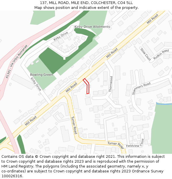 137, MILL ROAD, MILE END, COLCHESTER, CO4 5LL: Location map and indicative extent of plot