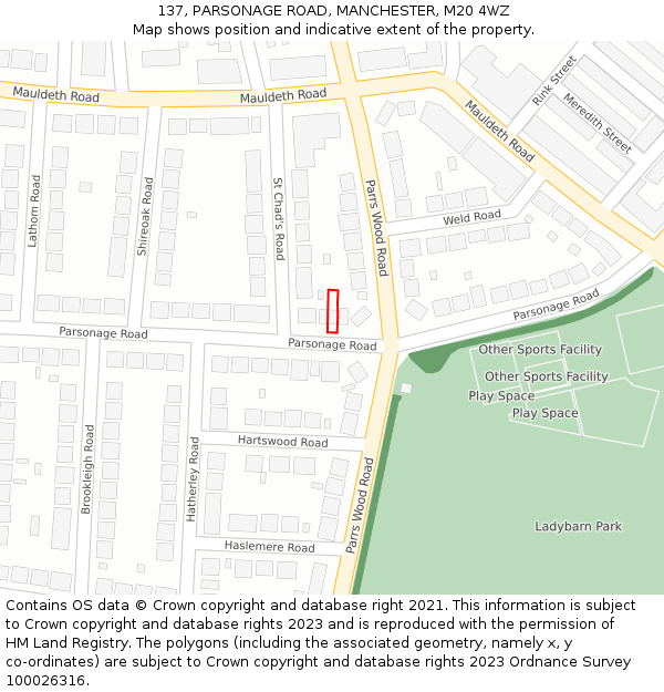 137, PARSONAGE ROAD, MANCHESTER, M20 4WZ: Location map and indicative extent of plot