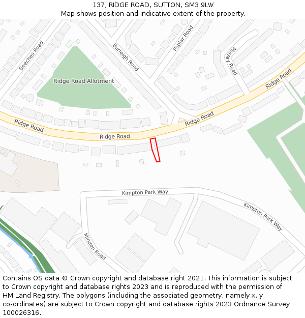 137, RIDGE ROAD, SUTTON, SM3 9LW: Location map and indicative extent of plot