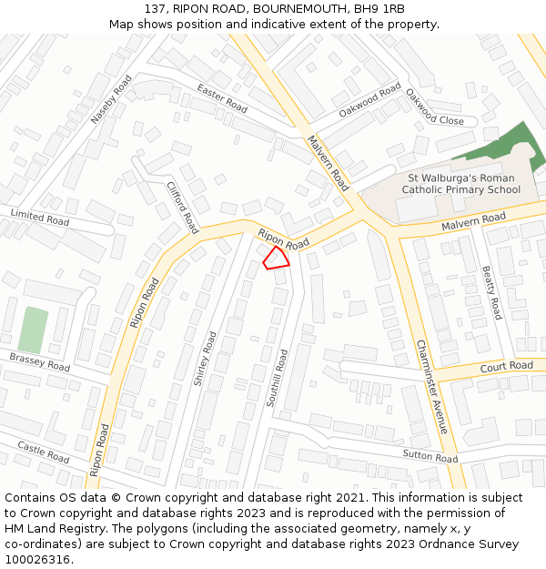 137, RIPON ROAD, BOURNEMOUTH, BH9 1RB: Location map and indicative extent of plot