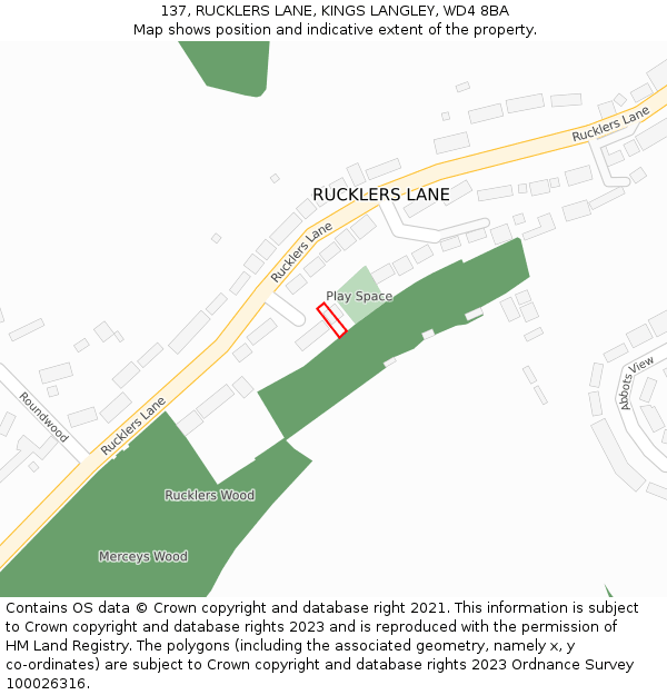 137, RUCKLERS LANE, KINGS LANGLEY, WD4 8BA: Location map and indicative extent of plot