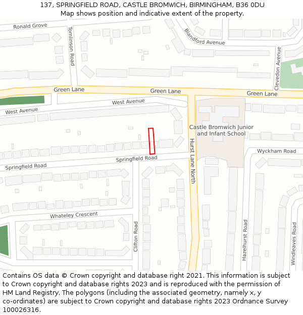 137, SPRINGFIELD ROAD, CASTLE BROMWICH, BIRMINGHAM, B36 0DU: Location map and indicative extent of plot