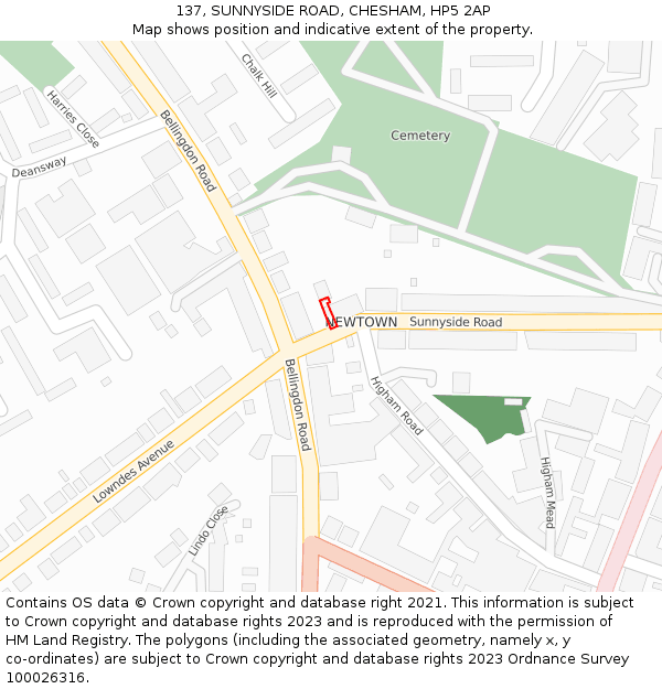 137, SUNNYSIDE ROAD, CHESHAM, HP5 2AP: Location map and indicative extent of plot