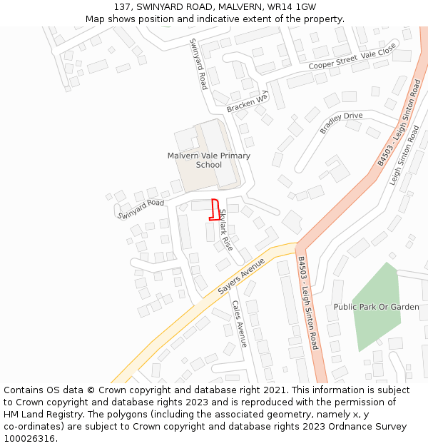 137, SWINYARD ROAD, MALVERN, WR14 1GW: Location map and indicative extent of plot