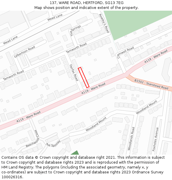 137, WARE ROAD, HERTFORD, SG13 7EG: Location map and indicative extent of plot