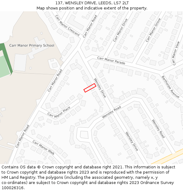 137, WENSLEY DRIVE, LEEDS, LS7 2LT: Location map and indicative extent of plot