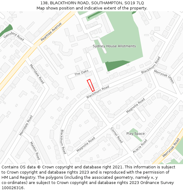 138, BLACKTHORN ROAD, SOUTHAMPTON, SO19 7LQ: Location map and indicative extent of plot