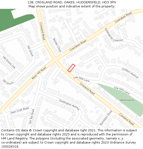 138, CROSLAND ROAD, OAKES, HUDDERSFIELD, HD3 3PN: Location map and indicative extent of plot
