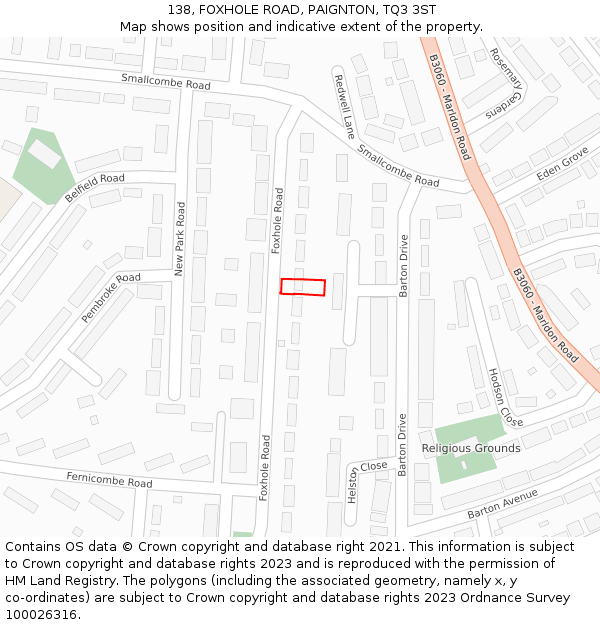 138, FOXHOLE ROAD, PAIGNTON, TQ3 3ST: Location map and indicative extent of plot