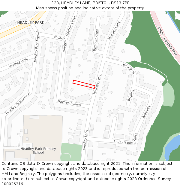 138, HEADLEY LANE, BRISTOL, BS13 7PE: Location map and indicative extent of plot