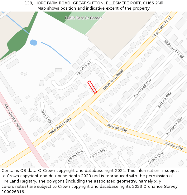 138, HOPE FARM ROAD, GREAT SUTTON, ELLESMERE PORT, CH66 2NR: Location map and indicative extent of plot
