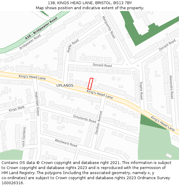 138, KINGS HEAD LANE, BRISTOL, BS13 7BY: Location map and indicative extent of plot