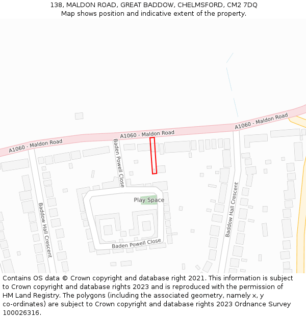 138, MALDON ROAD, GREAT BADDOW, CHELMSFORD, CM2 7DQ: Location map and indicative extent of plot