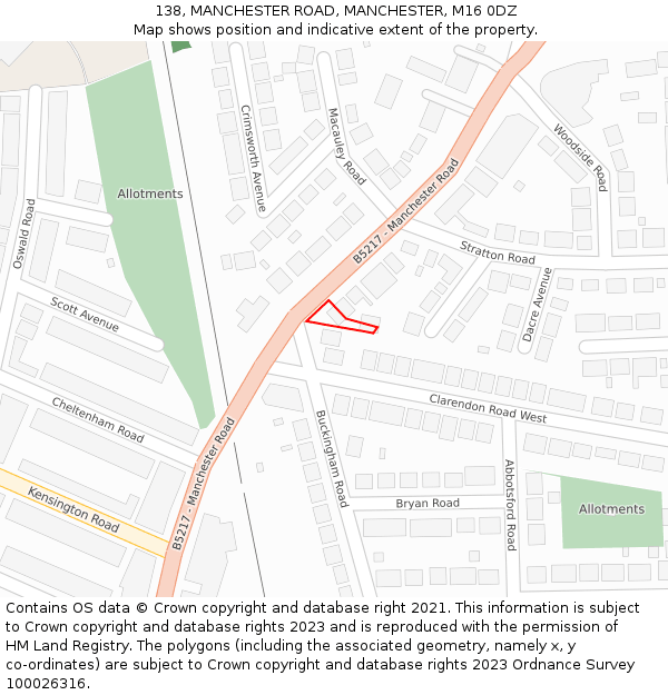 138, MANCHESTER ROAD, MANCHESTER, M16 0DZ: Location map and indicative extent of plot