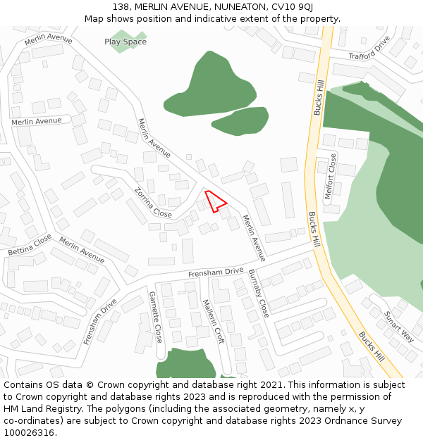 138, MERLIN AVENUE, NUNEATON, CV10 9QJ: Location map and indicative extent of plot