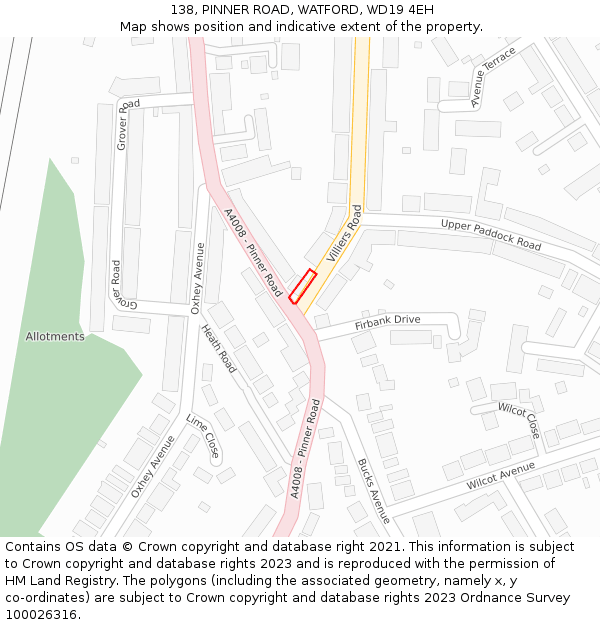 138, PINNER ROAD, WATFORD, WD19 4EH: Location map and indicative extent of plot