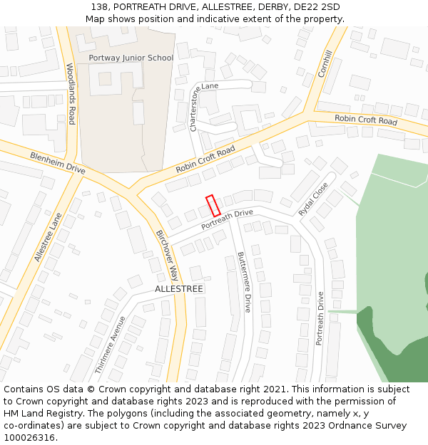 138, PORTREATH DRIVE, ALLESTREE, DERBY, DE22 2SD: Location map and indicative extent of plot