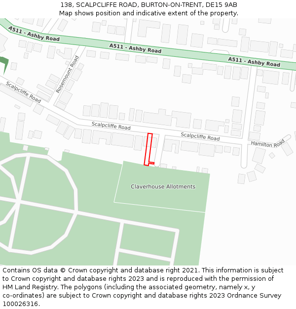 138, SCALPCLIFFE ROAD, BURTON-ON-TRENT, DE15 9AB: Location map and indicative extent of plot