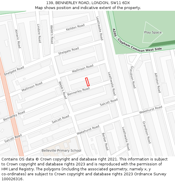 139, BENNERLEY ROAD, LONDON, SW11 6DX: Location map and indicative extent of plot