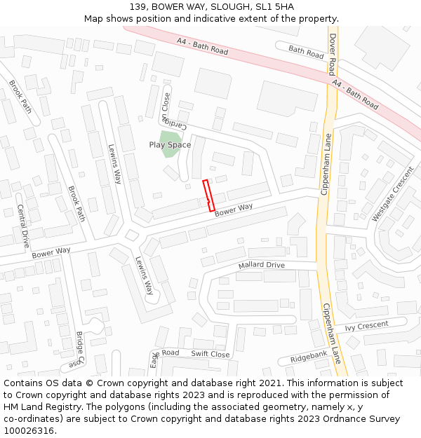 139, BOWER WAY, SLOUGH, SL1 5HA: Location map and indicative extent of plot