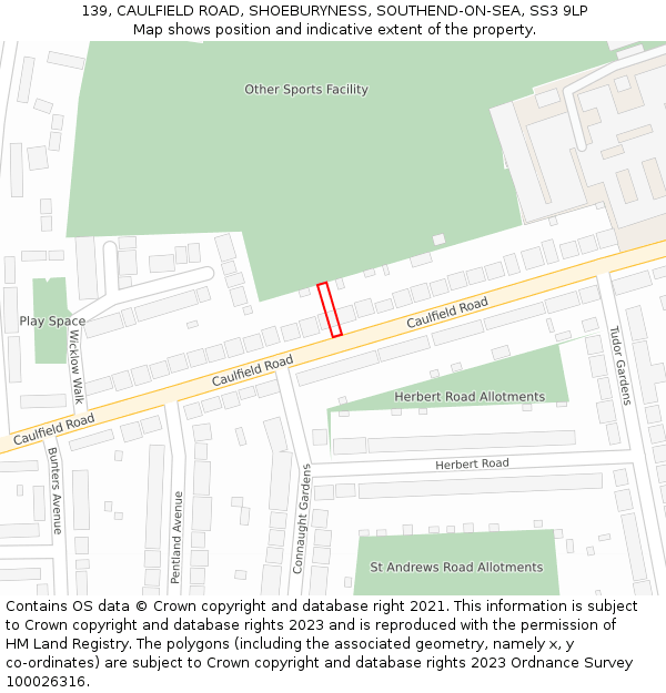 139, CAULFIELD ROAD, SHOEBURYNESS, SOUTHEND-ON-SEA, SS3 9LP: Location map and indicative extent of plot
