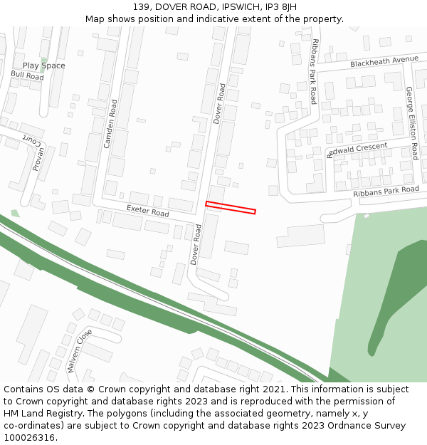 139, DOVER ROAD, IPSWICH, IP3 8JH: Location map and indicative extent of plot