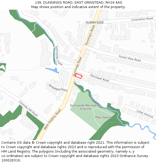 139, DUNNINGS ROAD, EAST GRINSTEAD, RH19 4AS: Location map and indicative extent of plot