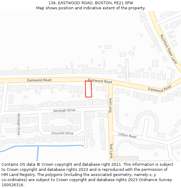 139, EASTWOOD ROAD, BOSTON, PE21 0PW: Location map and indicative extent of plot