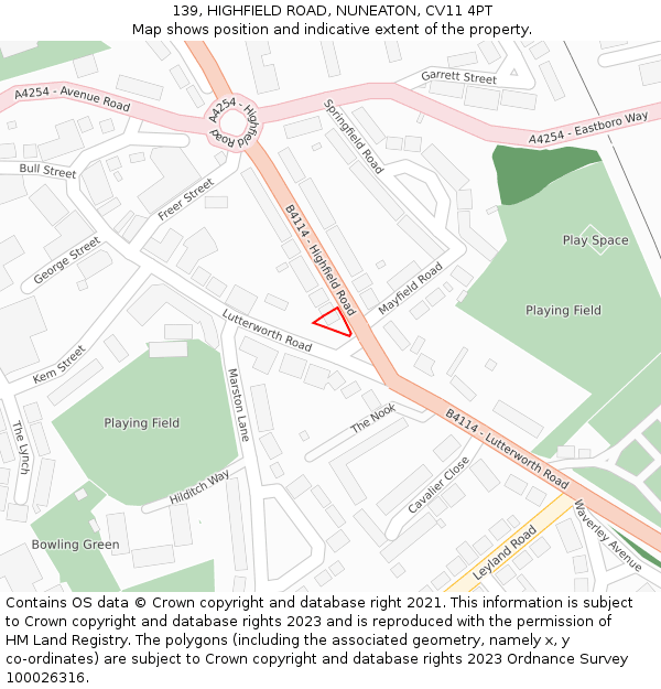 139, HIGHFIELD ROAD, NUNEATON, CV11 4PT: Location map and indicative extent of plot