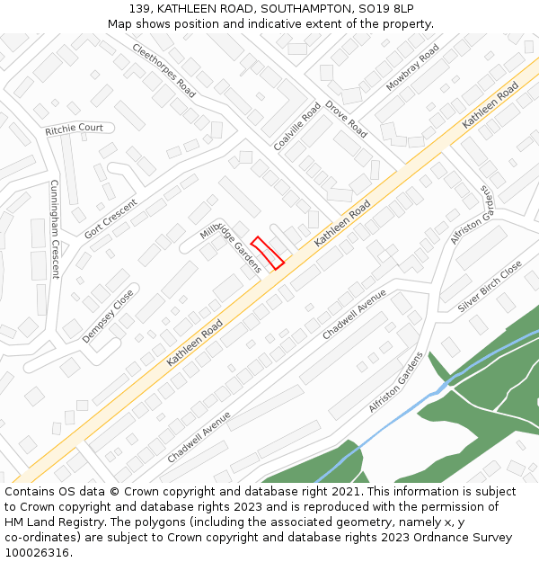 139, KATHLEEN ROAD, SOUTHAMPTON, SO19 8LP: Location map and indicative extent of plot