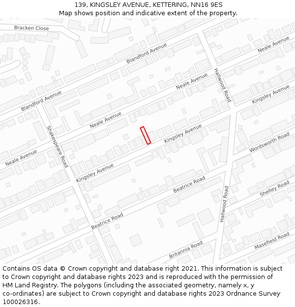 139, KINGSLEY AVENUE, KETTERING, NN16 9ES: Location map and indicative extent of plot