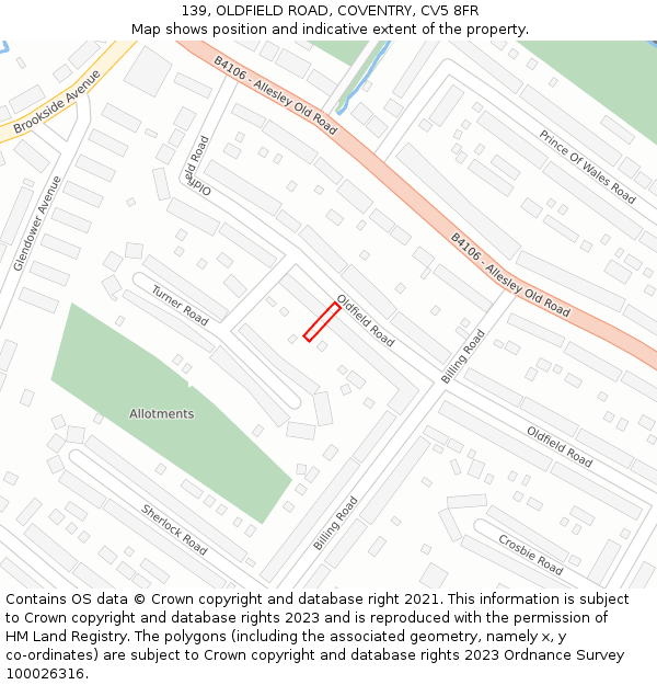 139, OLDFIELD ROAD, COVENTRY, CV5 8FR: Location map and indicative extent of plot