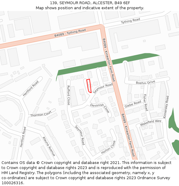 139, SEYMOUR ROAD, ALCESTER, B49 6EF: Location map and indicative extent of plot