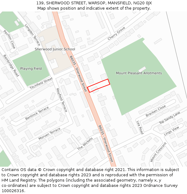 139, SHERWOOD STREET, WARSOP, MANSFIELD, NG20 0JX: Location map and indicative extent of plot
