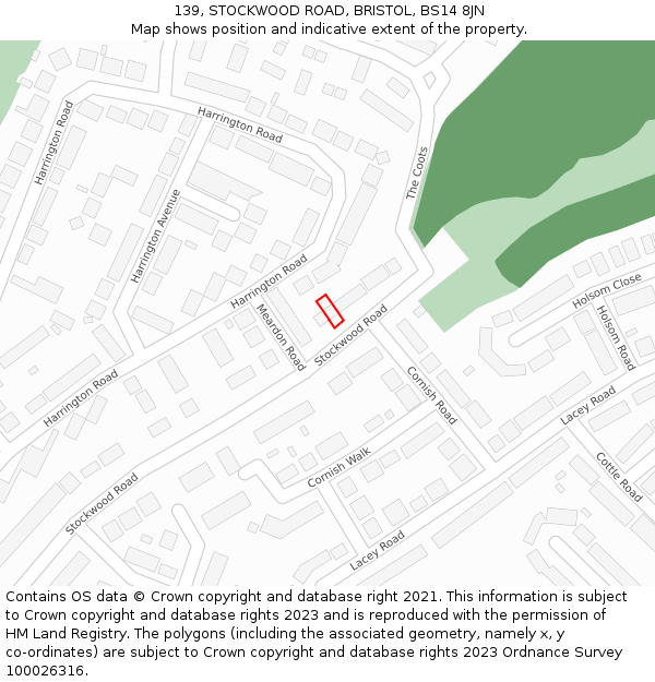 139, STOCKWOOD ROAD, BRISTOL, BS14 8JN: Location map and indicative extent of plot