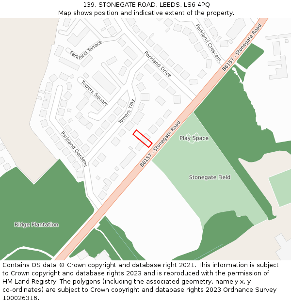 139, STONEGATE ROAD, LEEDS, LS6 4PQ: Location map and indicative extent of plot