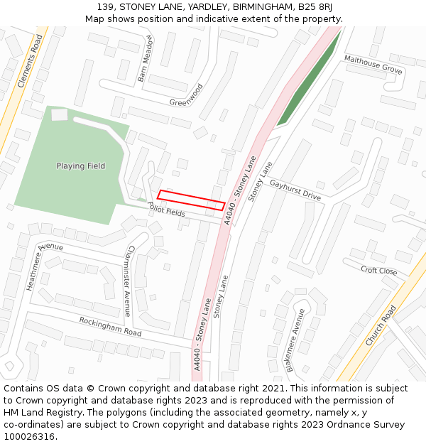 139, STONEY LANE, YARDLEY, BIRMINGHAM, B25 8RJ: Location map and indicative extent of plot