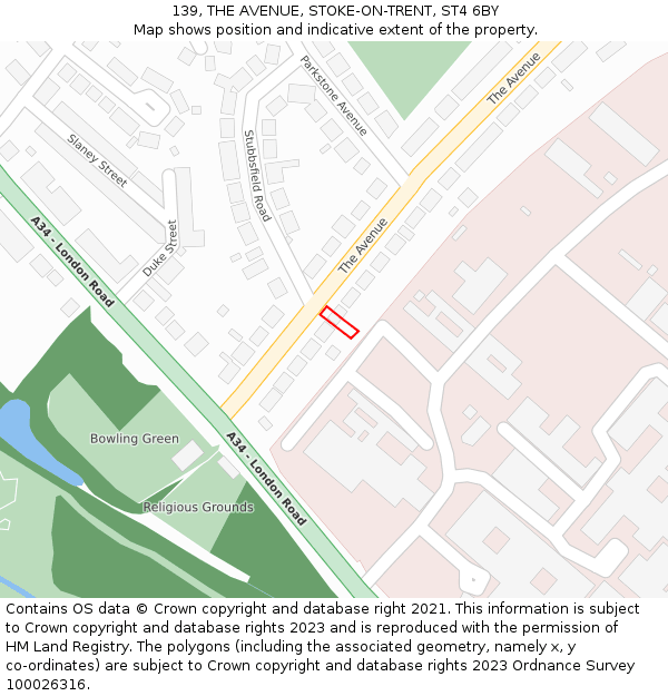 139, THE AVENUE, STOKE-ON-TRENT, ST4 6BY: Location map and indicative extent of plot