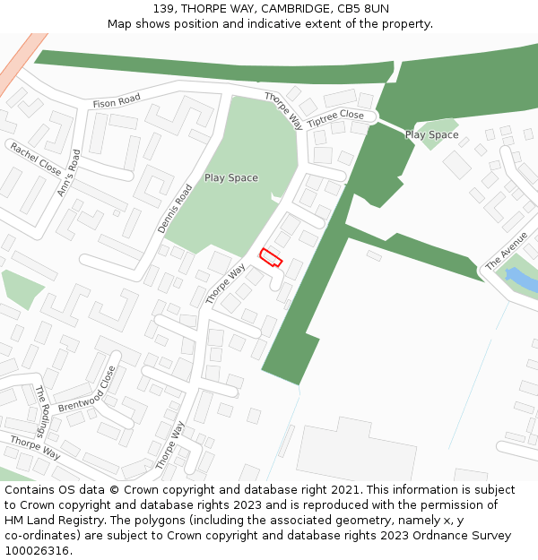 139, THORPE WAY, CAMBRIDGE, CB5 8UN: Location map and indicative extent of plot