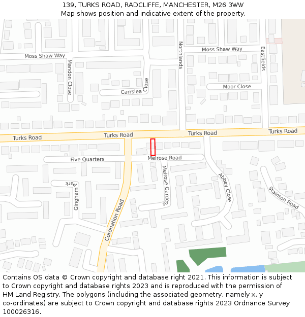 139, TURKS ROAD, RADCLIFFE, MANCHESTER, M26 3WW: Location map and indicative extent of plot