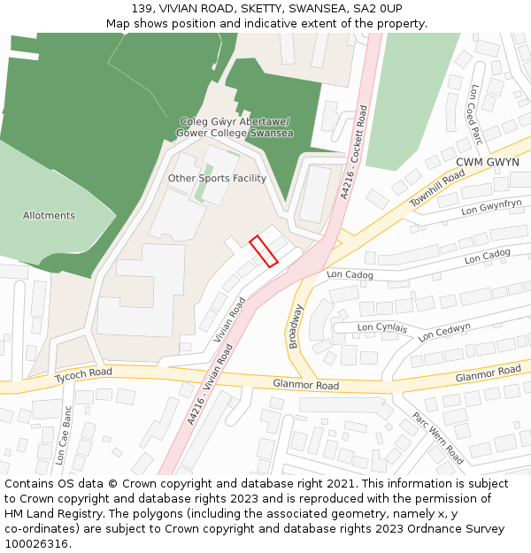 139, VIVIAN ROAD, SKETTY, SWANSEA, SA2 0UP: Location map and indicative extent of plot