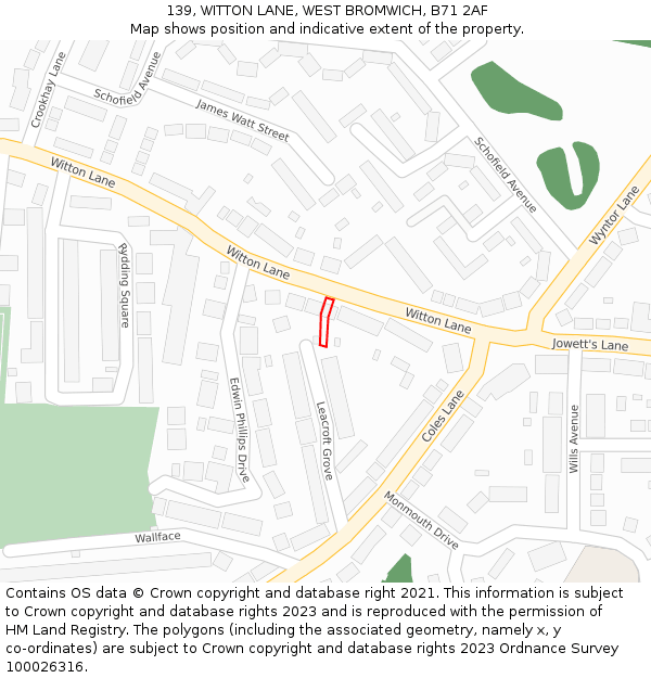 139, WITTON LANE, WEST BROMWICH, B71 2AF: Location map and indicative extent of plot
