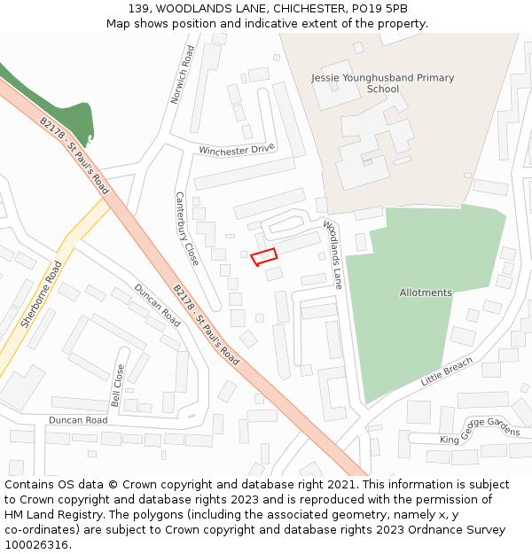 139, WOODLANDS LANE, CHICHESTER, PO19 5PB: Location map and indicative extent of plot